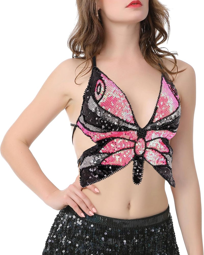 Mocure Womens Glitter Sequin Butterfly Crop Top Low-Cut Tank Top Rave Tube Vest Top for Belly Dance Costume Outfits - Image 3